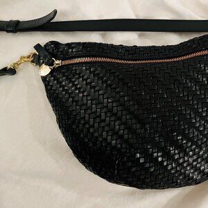 Clare V. Grande Fanny Woven Black Half-Moon Crossbody Bag with Gold Zip